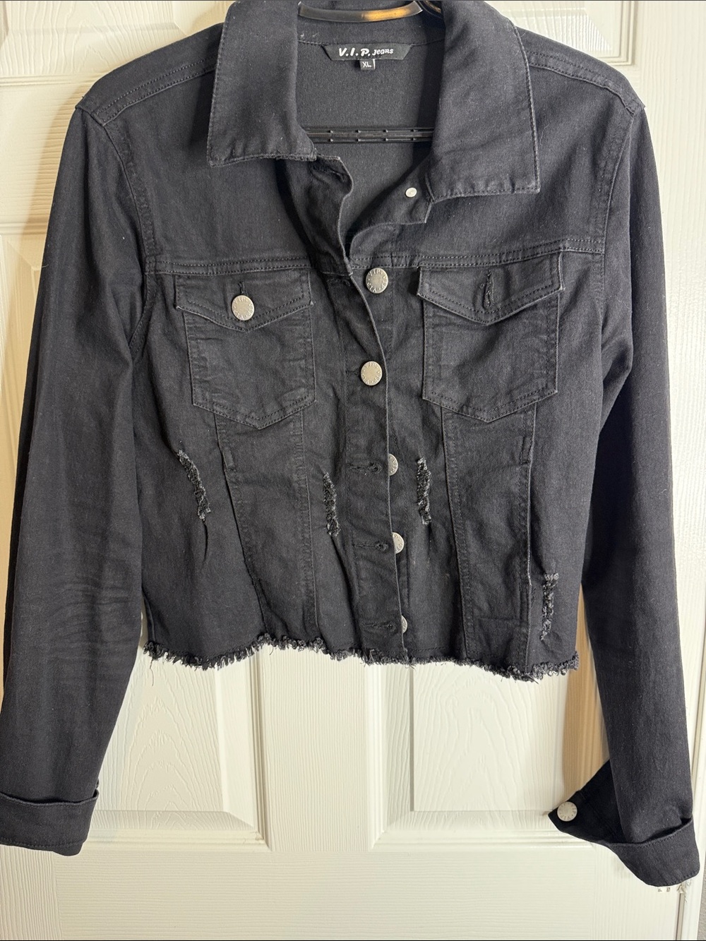 VIP Black Distressed Cropped Jean Jacket